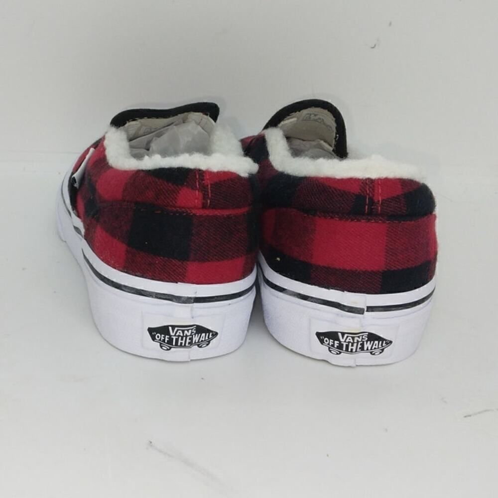 VANS Classic Slip-on Kids NEW w/Tags Red/Black Plaid Sherpa Sneakers - sz. 1 1/2 - Picture 4 of 6